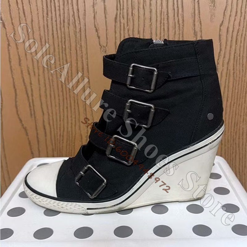 Running Shoes Lightweight - Grey Multi Buckle High Top Wedge